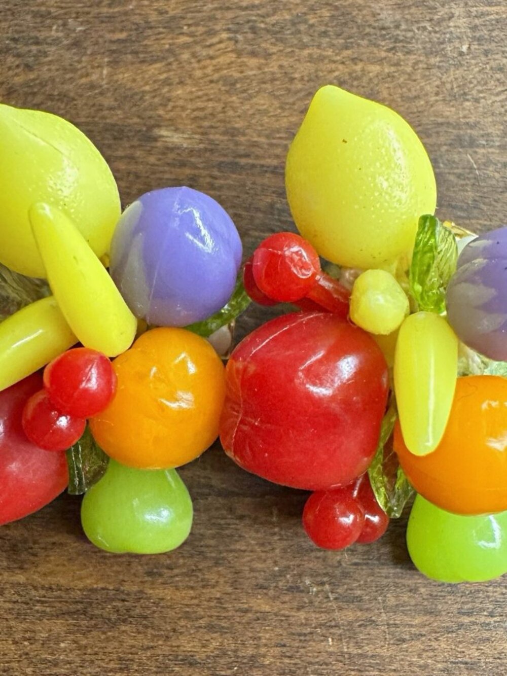 Vintage 60s Fruit Cluster Clip On Earrings Hong Kong Tutti Frutti Plastic Resin